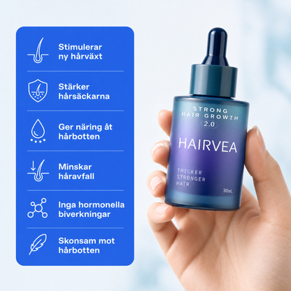 Hand håller Hairvea hårserum – stimulerar ny hårväxt och stärker hårsäckarna